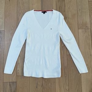Tommy Hilfiger White Argyle V-Neck Sweater | 100% Cotton